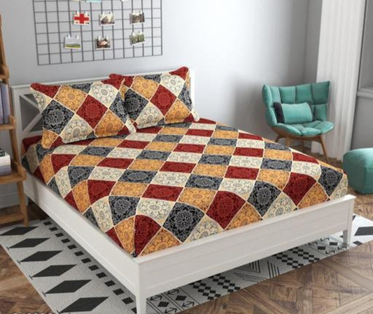 Super Soft Glace Cotton Fitted Double Bedsheet with 2 Pillow Covers